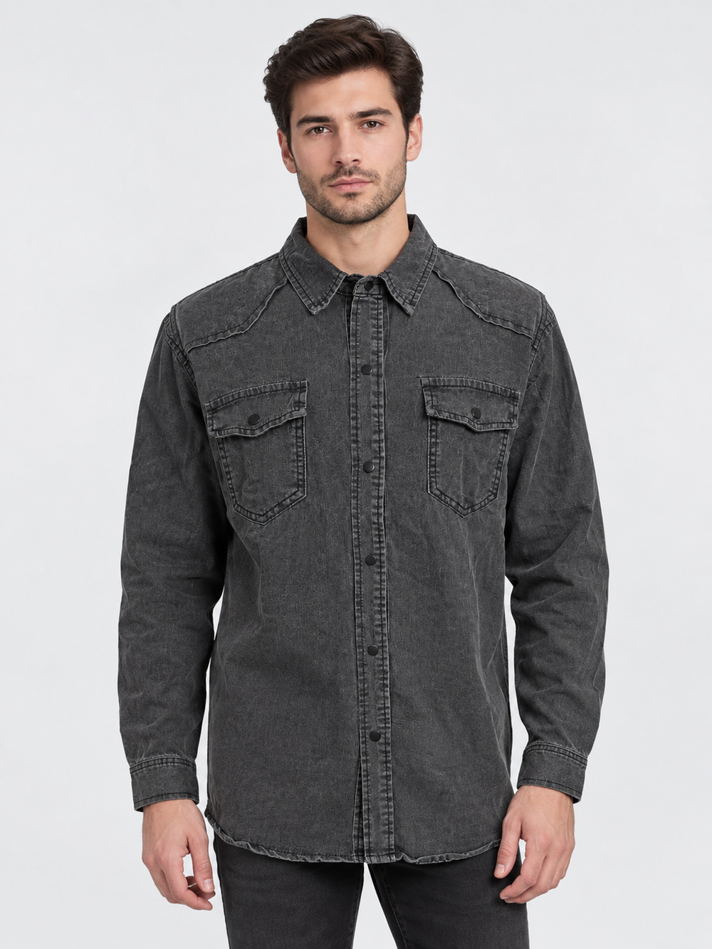 Men's Denim Western Shirt with Slim Fit Snap Buttons - gray