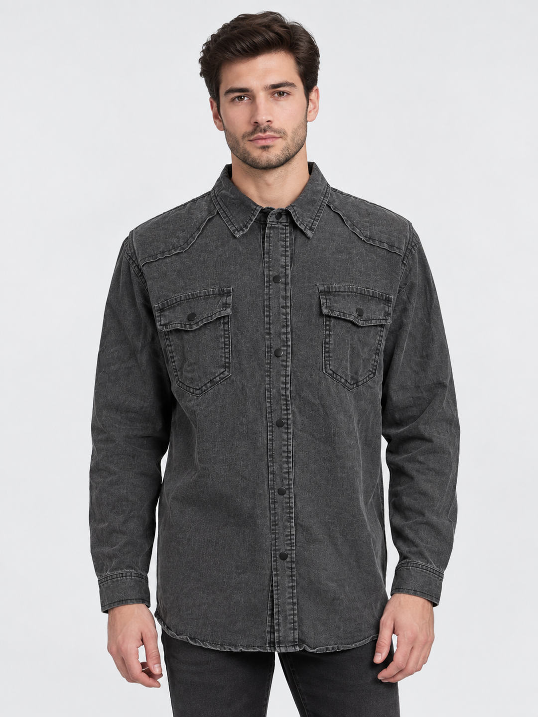 Men's Denim Western Shirt with Slim Fit Snap Buttons - gray