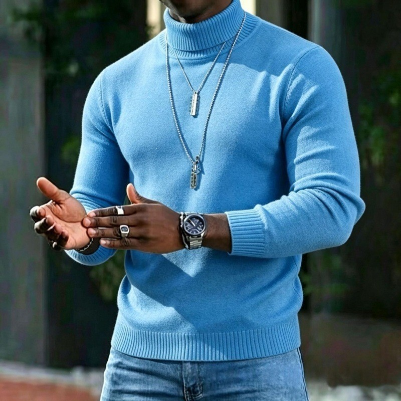 Men's Turtleneck Sweater with Slim Fit Winter Knit - blue