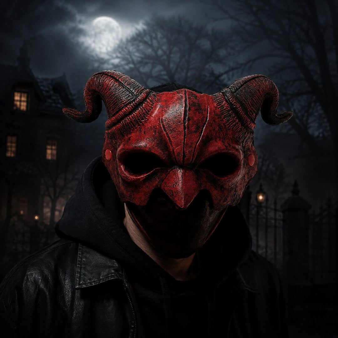 Halloween Demon Mask with Horns - Red & Black