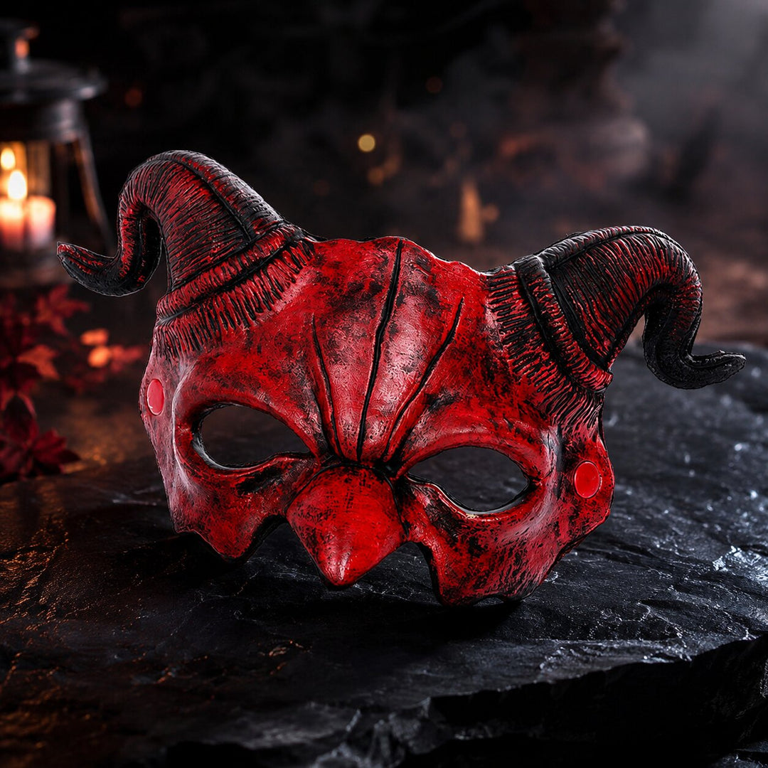 Halloween Demon Mask with Horns - Red & Black