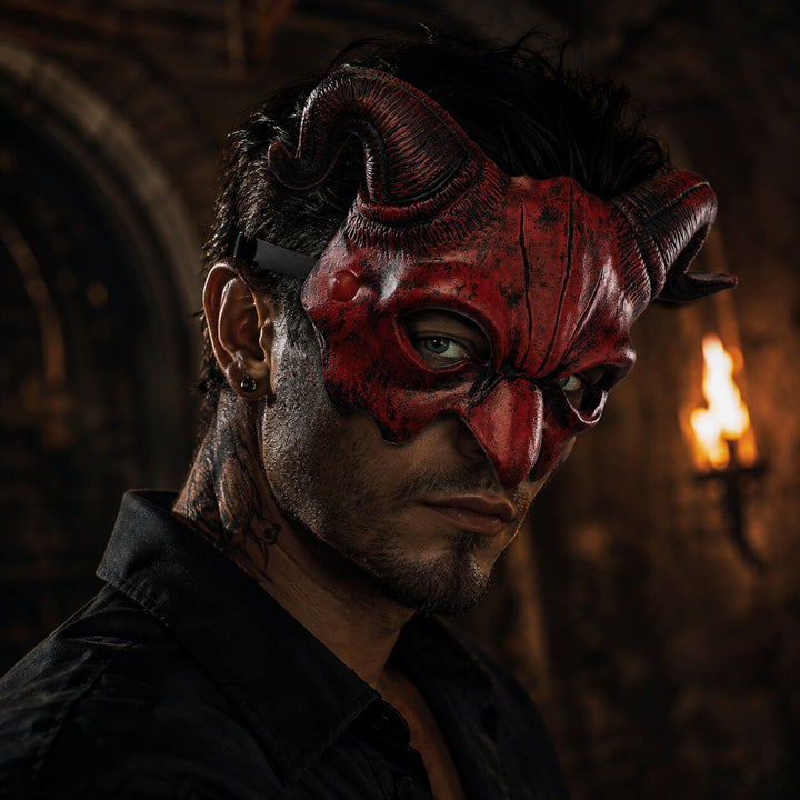 Halloween Demon Mask with Horns - Red & Black