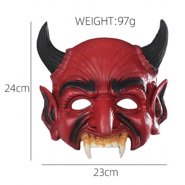 Halloween Demon Mask with Horns - Red Prajna Evil Face - Fanged Teeth