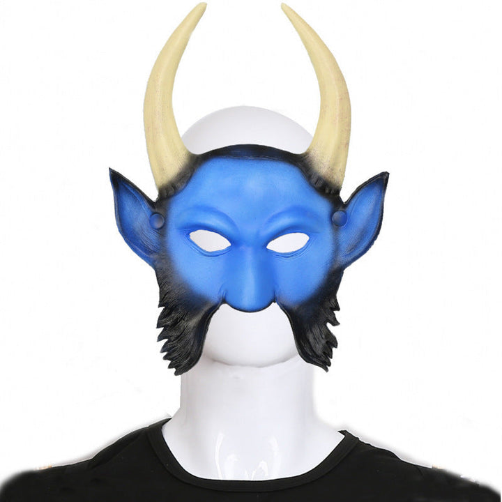 Halloween Demon Mask with Horns - Red Prajna Evil Face - Long Blue Prajna