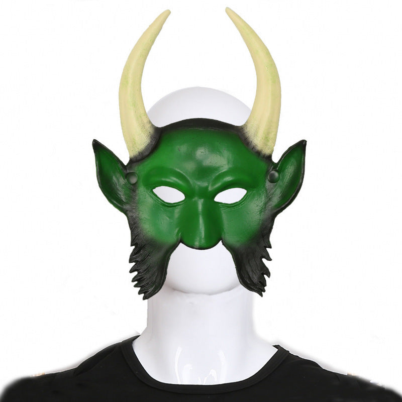 Halloween Demon Mask with Horns - Red Prajna Evil Face - Long Green Prajna