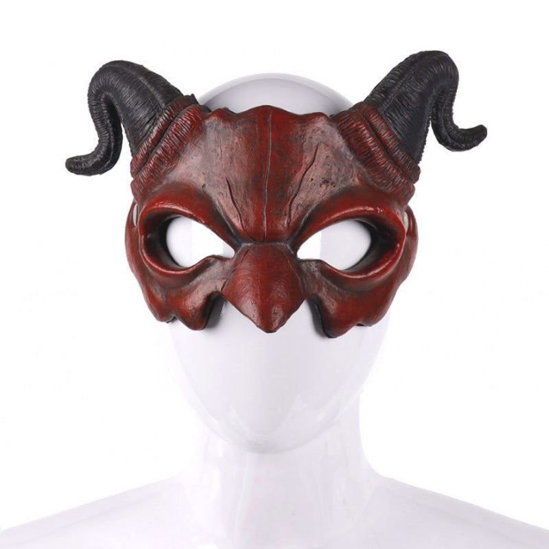 Halloween Demon Mask with Horns - Red Prajna Evil Face - Red Prajna