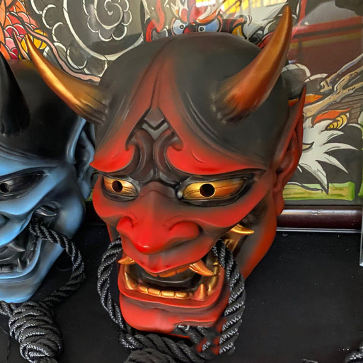 Halloween Demon Mask with Horns - Red Prajna Latex - Red