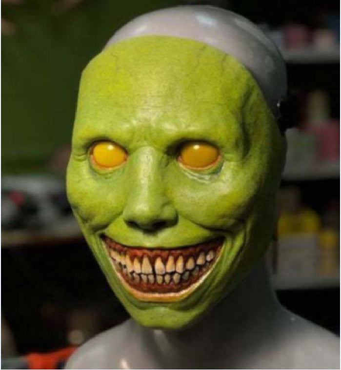 Halloween Demon Mask with White Eyes - Latex Costume Accessory - Green