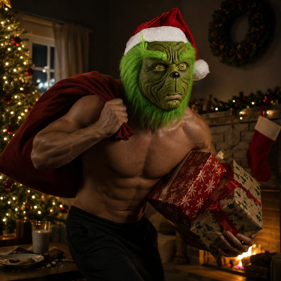 Halloween Grinch Mask with Gloves - Complete Costume Set