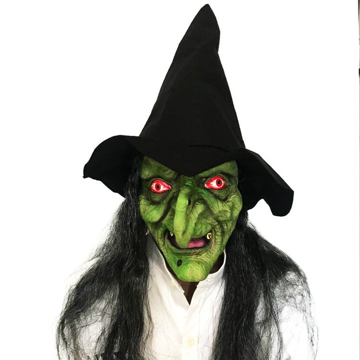 Halloween Long Hair Witch Mask - Latex Grimace Face - Black
