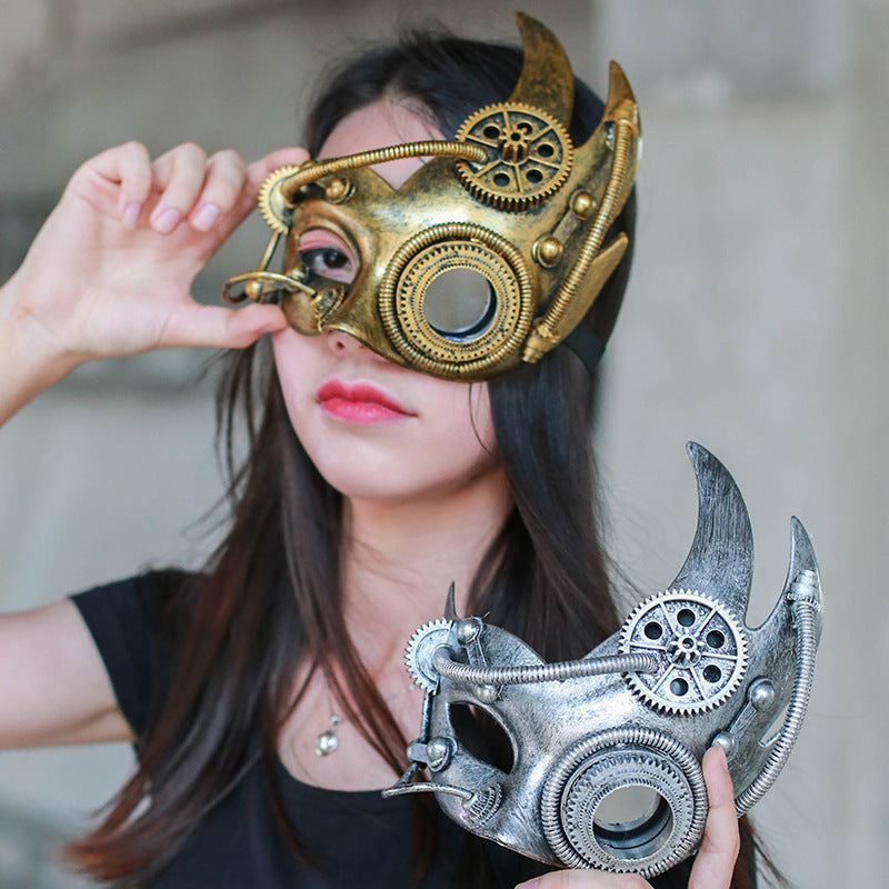 Halloween Steampunk Half Face Mask - Mechanical Retro Costume Accessor