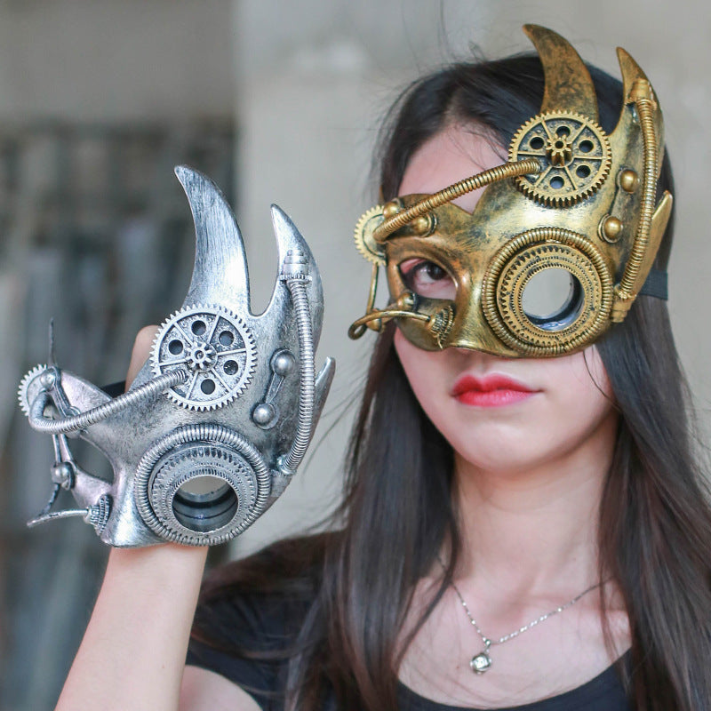 Halloween Steampunk Half Face Mask - Mechanical Retro Costume Accessor
