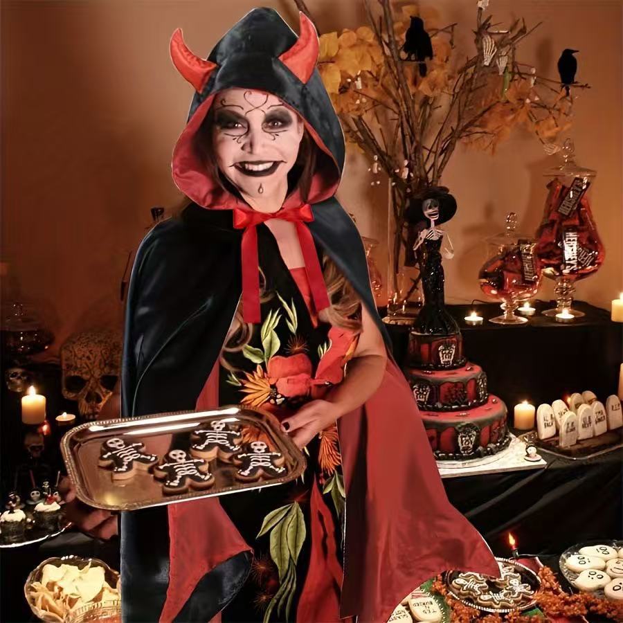 Halloween Vampire Cape – Hooded Horn Detail Bow Tie Costume