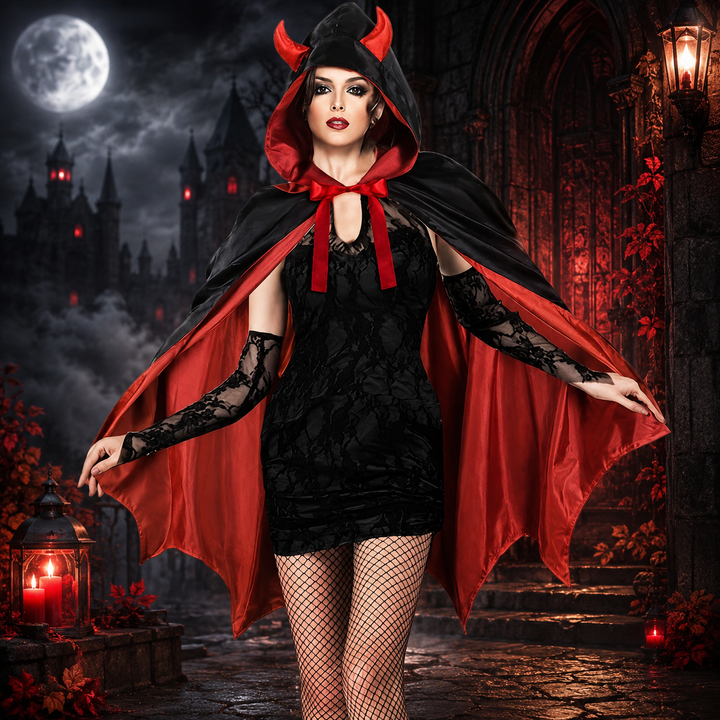 Halloween Vampire Cape – Hooded Horn Detail Bow Tie Costume - Red