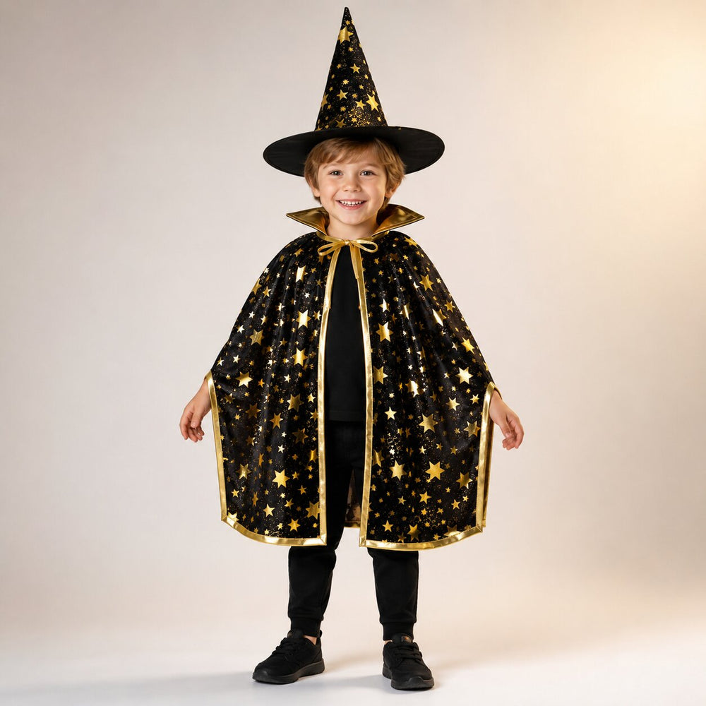Kids' Halloween Witch & Wizard Costume with Cape and Hat - Black