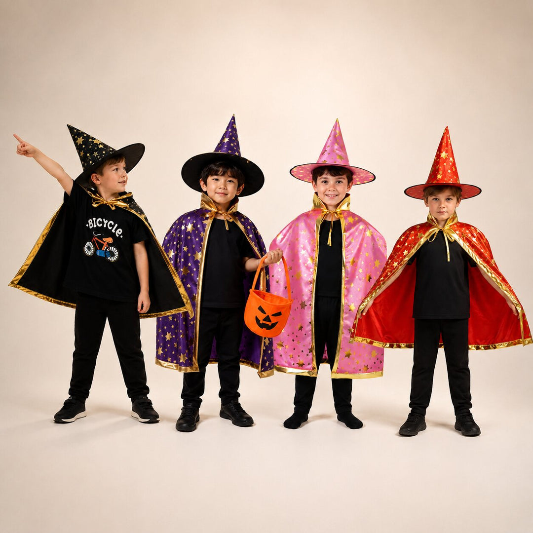 Kids' Halloween Witch & Wizard Costume with Cape and Hat