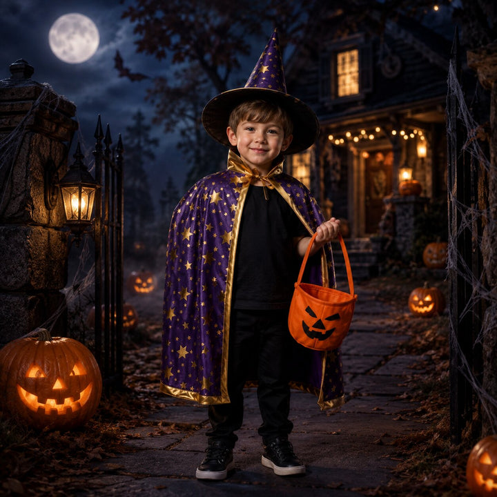 Kids' Halloween Witch & Wizard Costume with Cape and Hat
