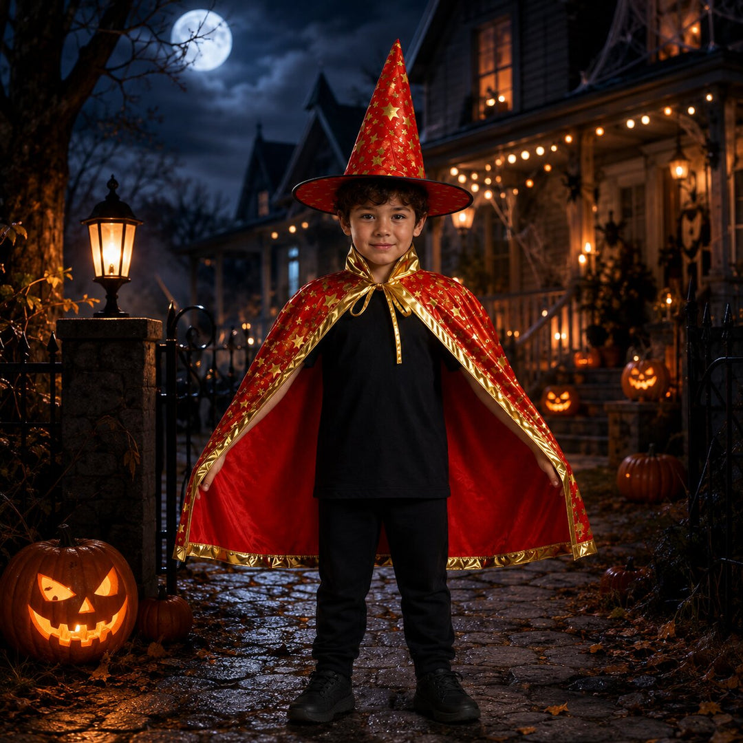 Kids' Halloween Witch & Wizard Costume with Cape and Hat