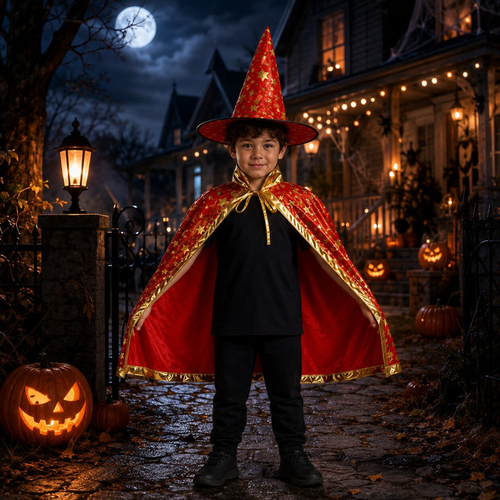 Kids' Halloween Witch & Wizard Costume with Cape and Hat