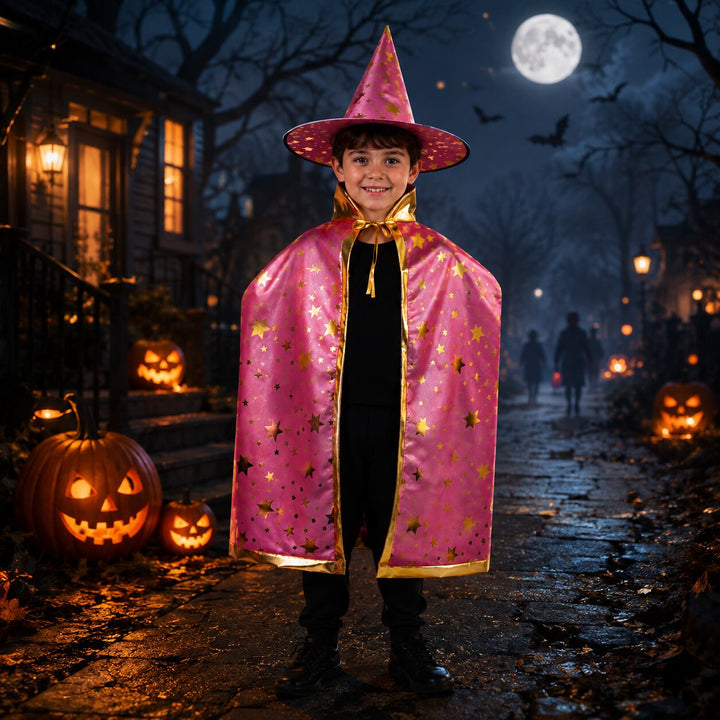 Kids' Halloween Witch & Wizard Costume with Cape and Hat