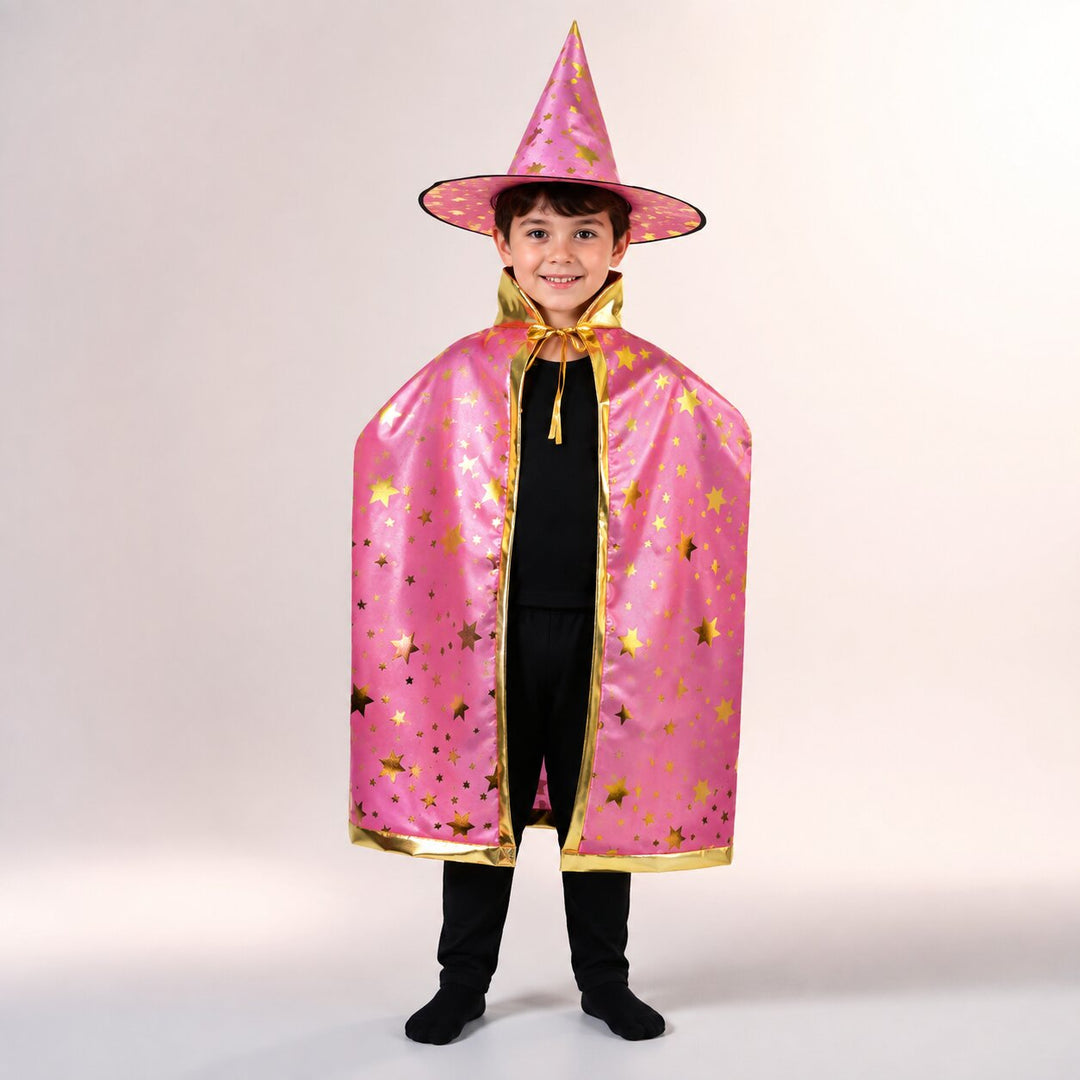 Kids' Halloween Witch & Wizard Costume with Cape and Hat - Pink