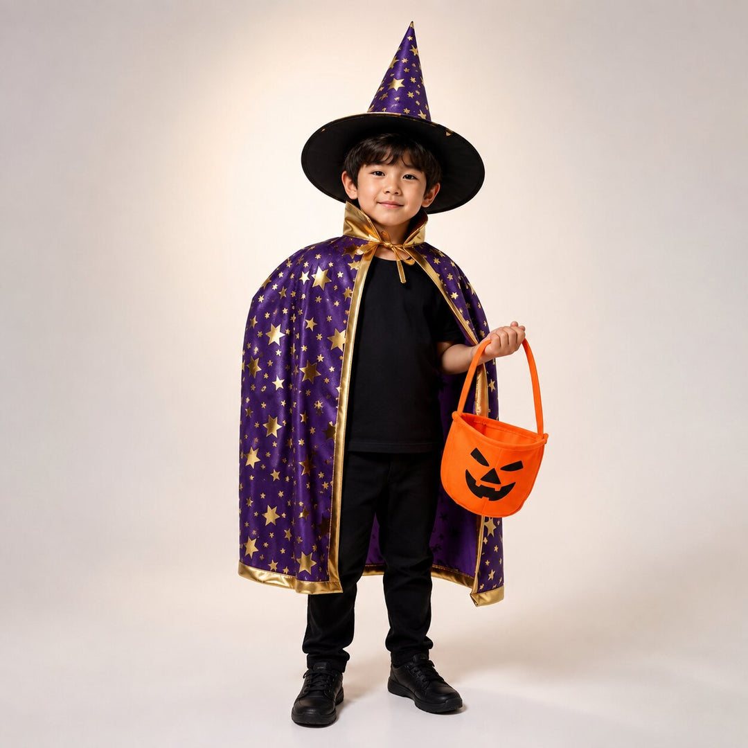 Kids' Halloween Witch & Wizard Costume with Cape and Hat - Purple