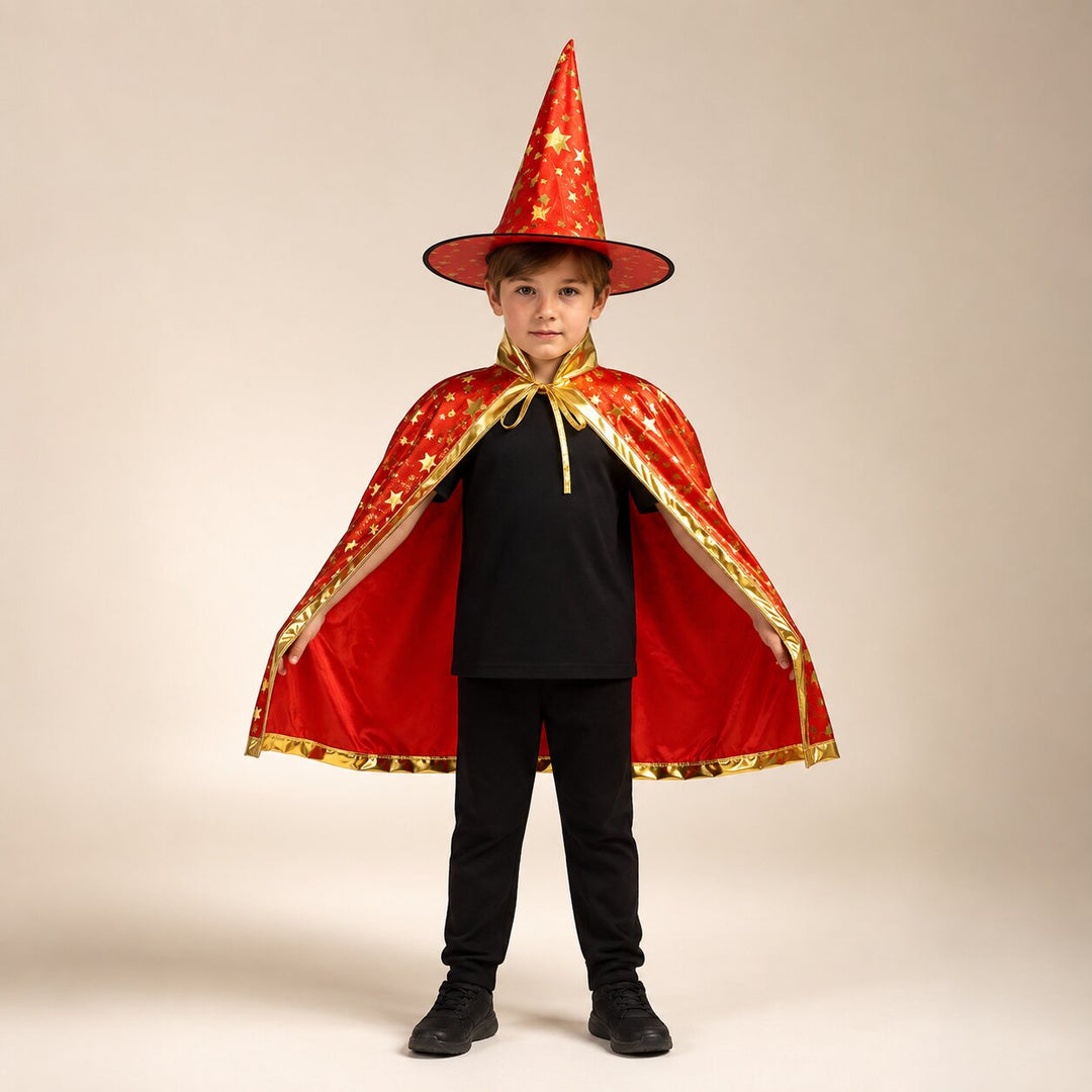 Kids' Halloween Witch & Wizard Costume with Cape and Hat - Red