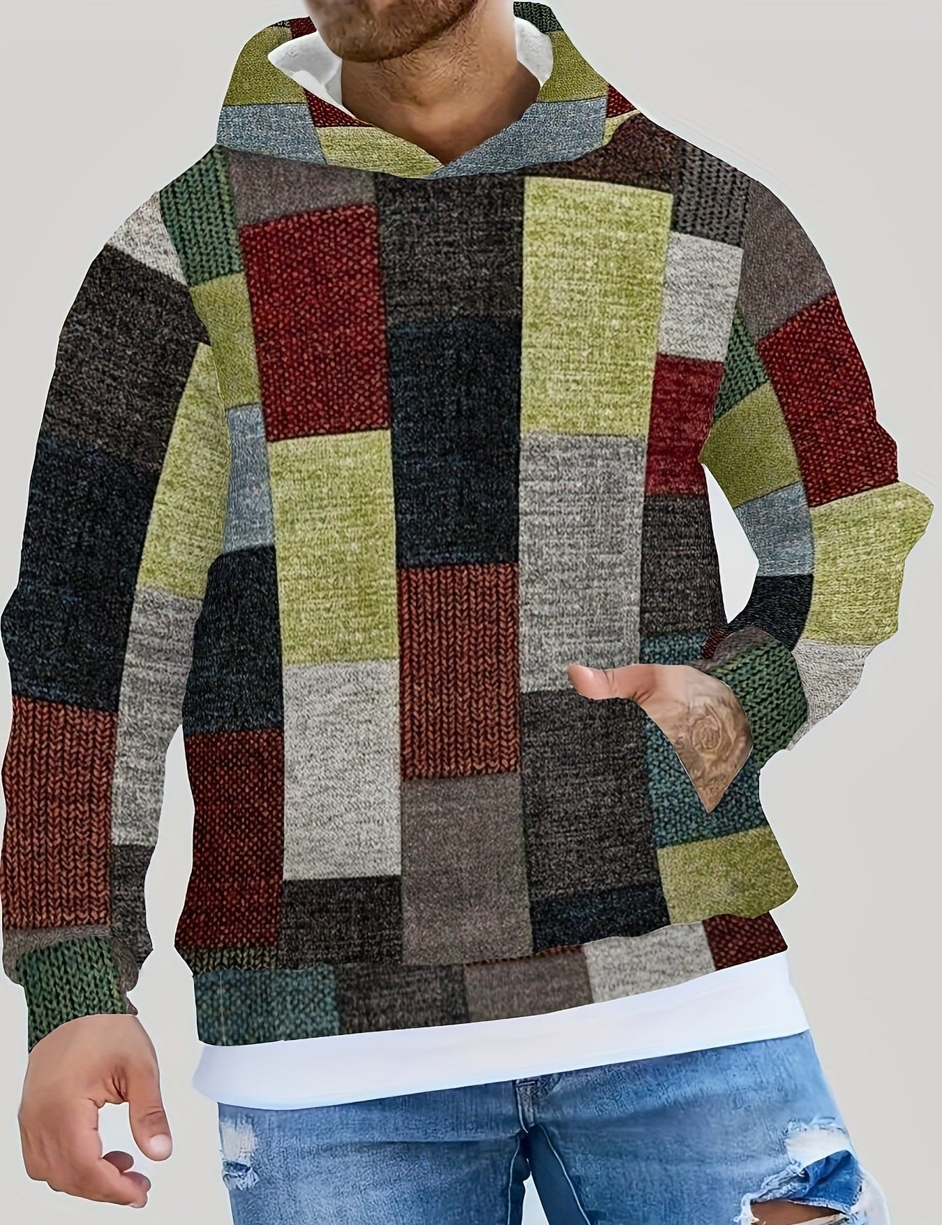 Men's 3D Checkered Hoodie - Streetwear Casual - Green