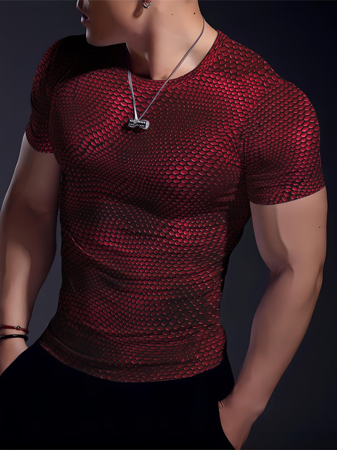 Men's 3D Geometric T-Shirt - Stretch Sport Top - Red