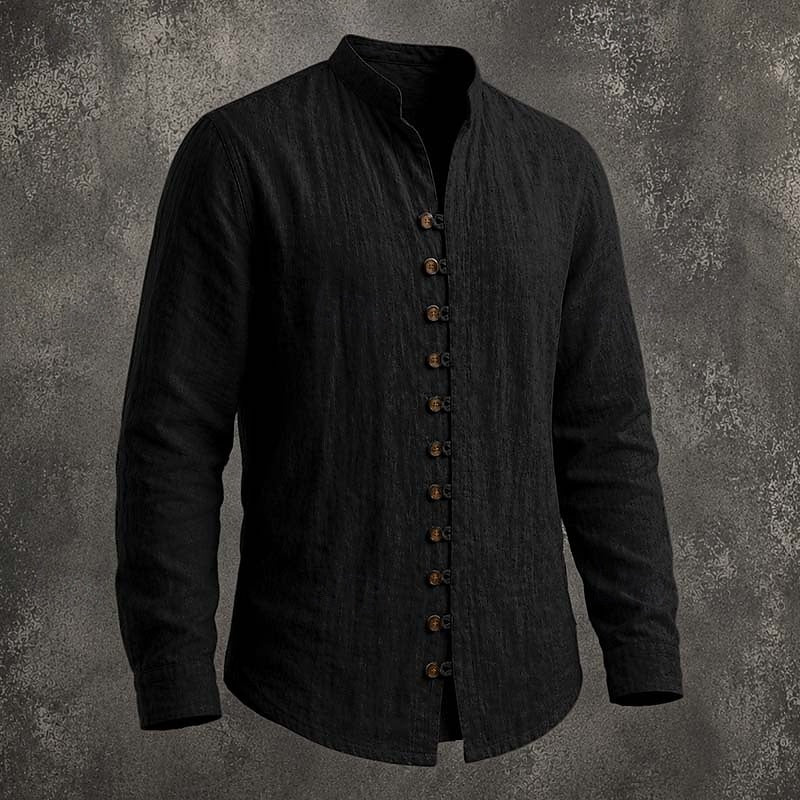 Men's Band Collar Casual Shirt in black, Relaxed Fit