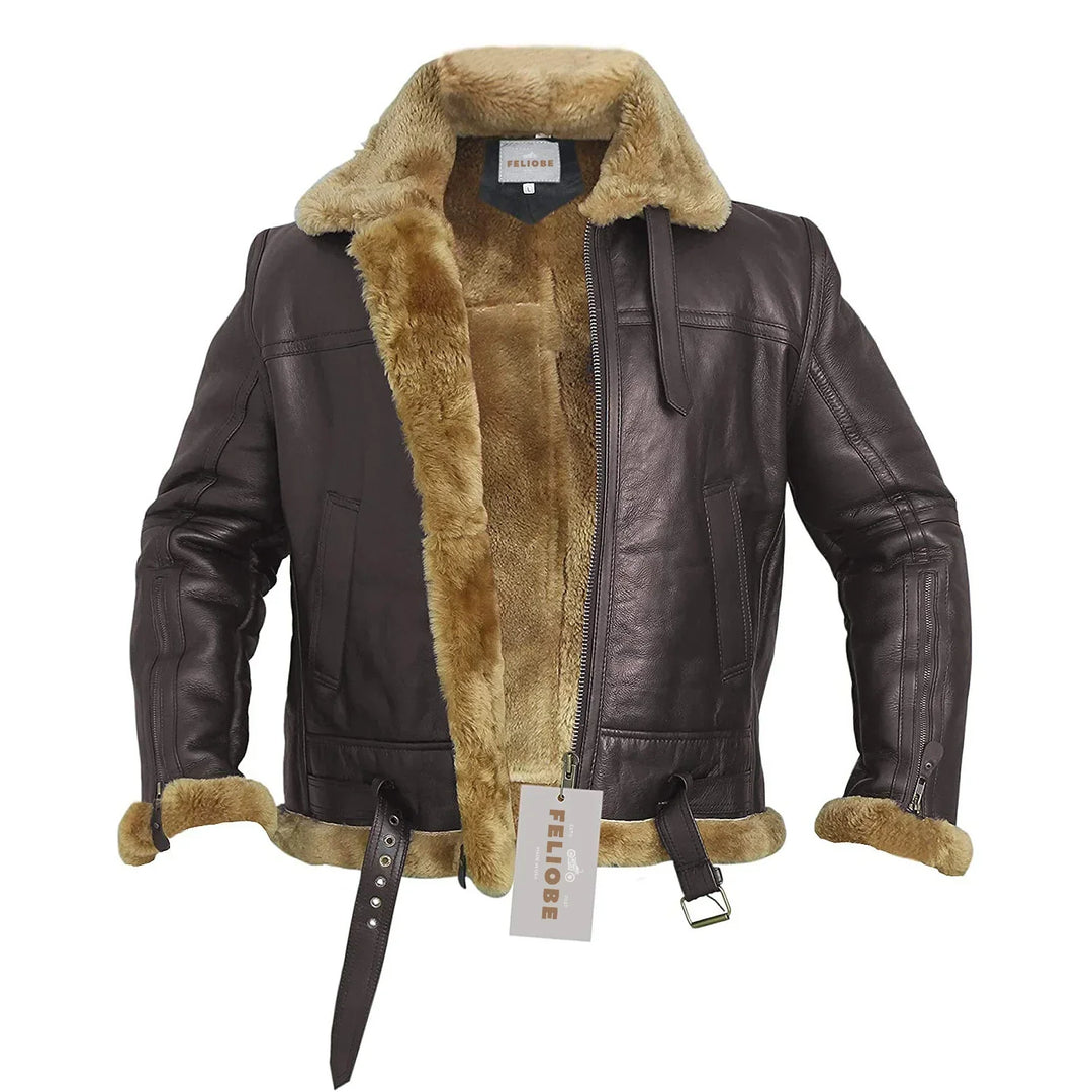 Men's Bomber Jacket Winter Leather - Lined & Zippered - Brown