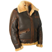 Men's Brown Leather Bomber Jacket - Classic Warmth - Brown