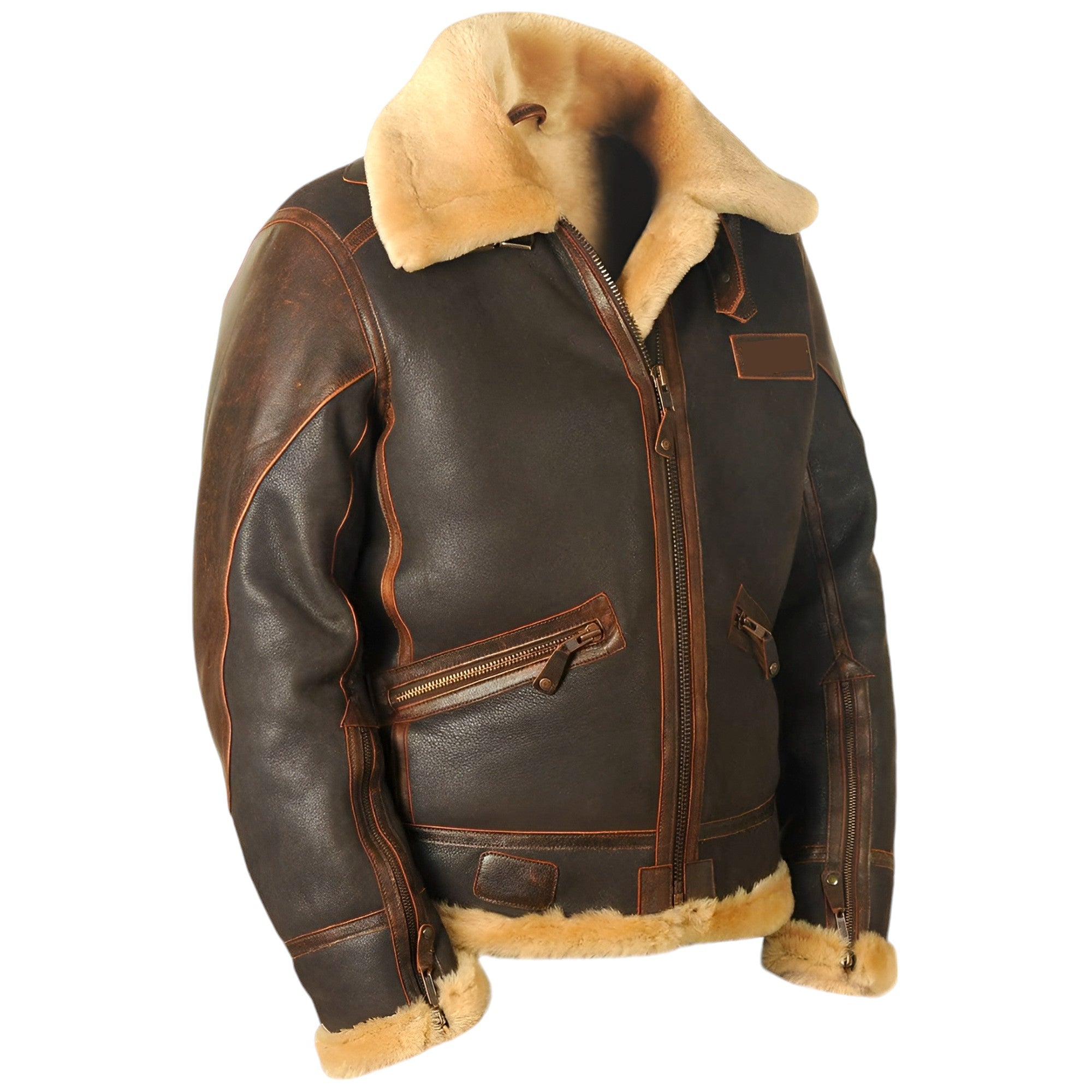 Men's Brown Leather Bomber Jacket - Classic Warmth - Brown