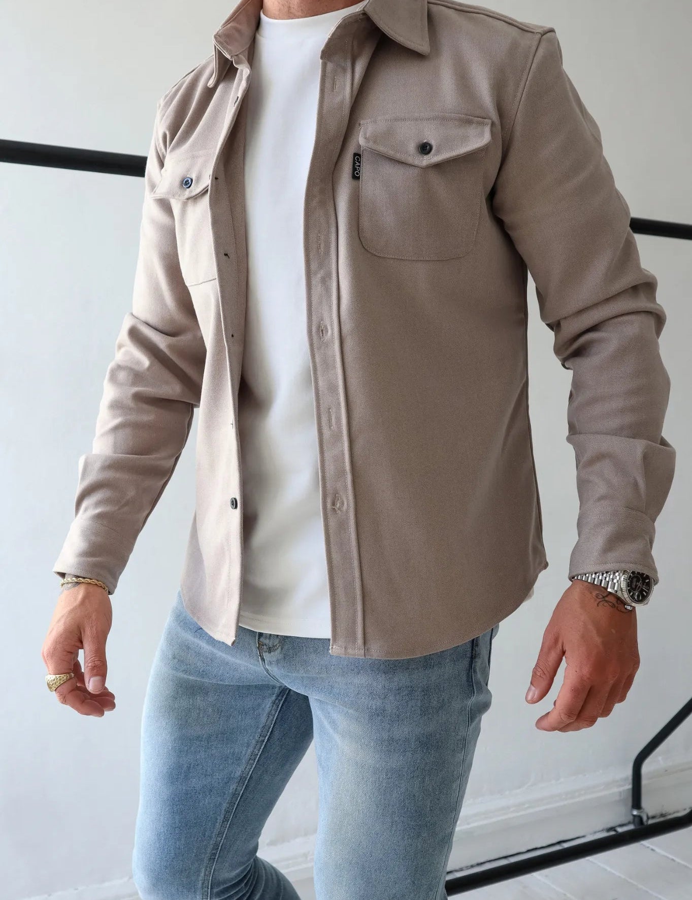 Men's Button-Down Shirt Jacket - Modern Casual Style - Apricot
