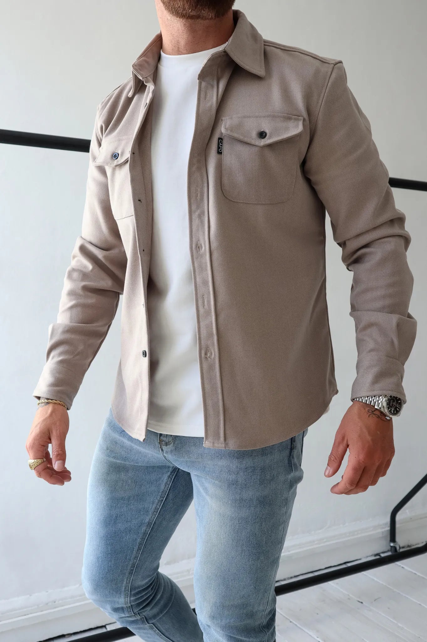 Men's Button-Down Shirt Jacket - Modern Casual Style - Apricot