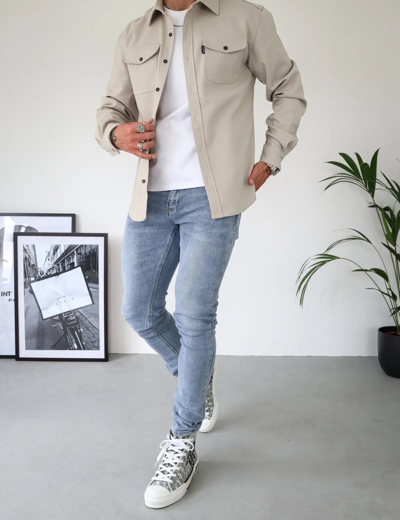 Men's Button-Down Shirt Jacket - Modern Casual Style - Beige