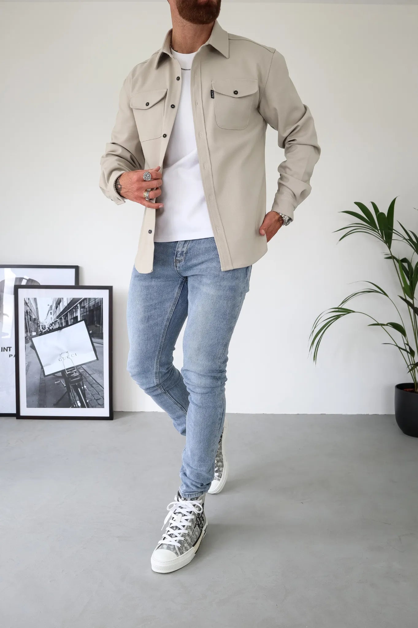 Men's Button-Down Shirt Jacket - Modern Casual Style - Beige