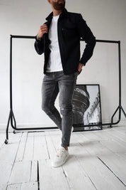 Men's Button-Down Shirt Jacket - Modern Casual Style - Black