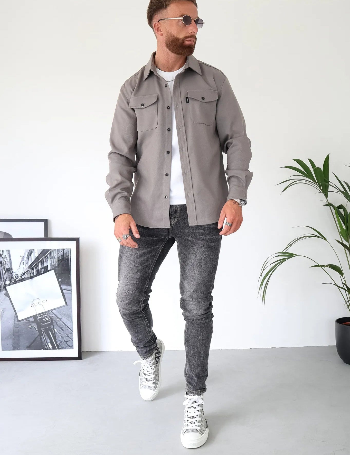 Men's Button-Down Shirt Jacket - Modern Casual Style - Grey