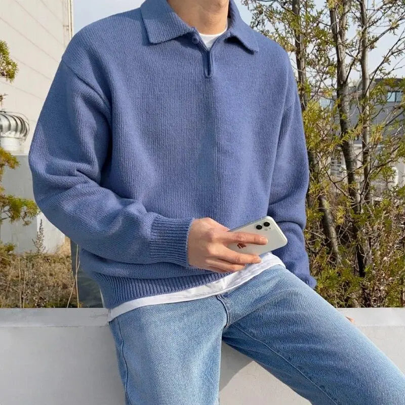 Men's Button-Front Wool Polo Sweater - Classic Knit - Blue