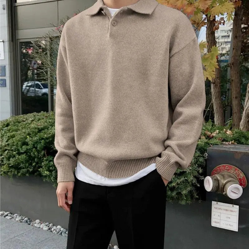Men's Button-Front Wool Polo Sweater - Classic Knit - Khaki