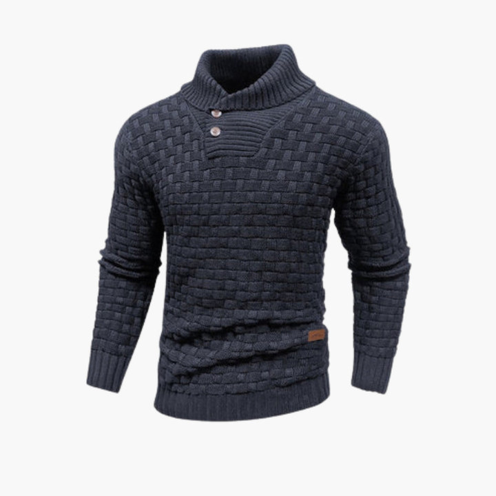 Men's Button Neck Sweater with Knit Pattern - Dark Grey