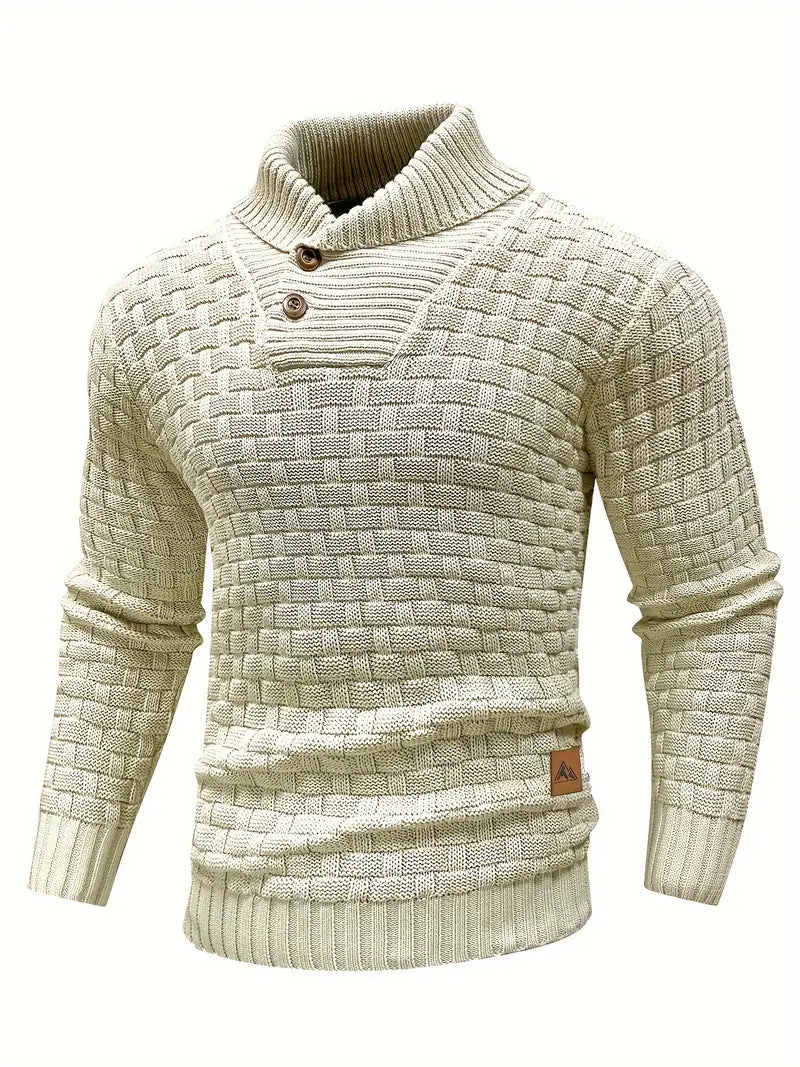 Men's Button Neck Sweater with Knit Pattern - Khaki