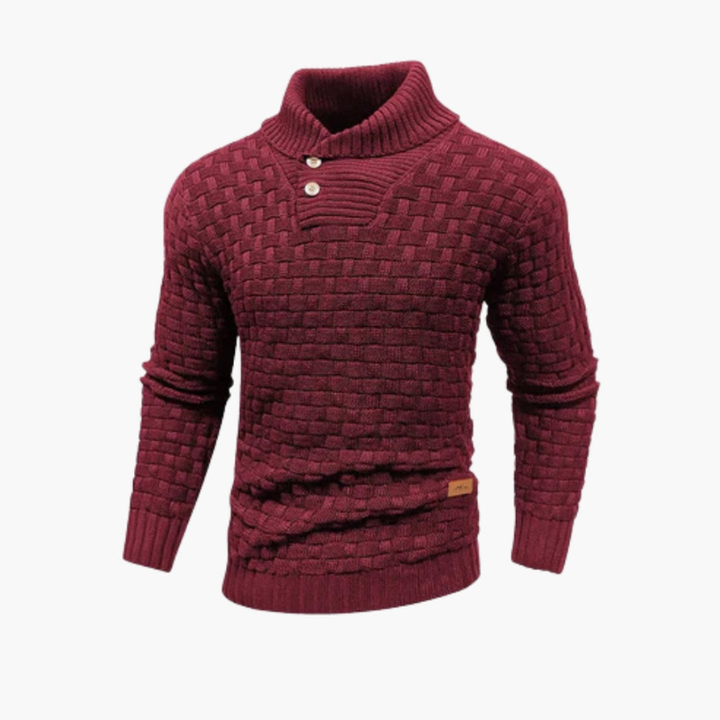 Men's Button Neck Sweater with Knit Pattern - Red