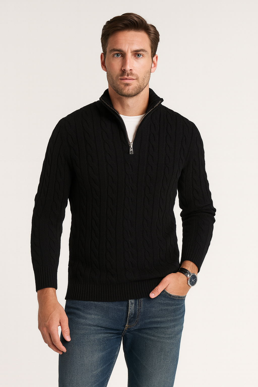 Men's Cable Knit Half-Zip Sweater in black, High Collar