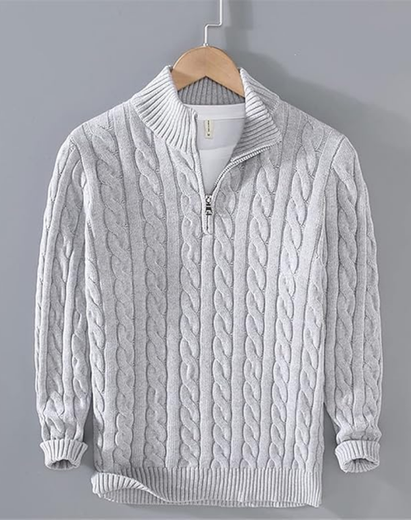 Men's Cable Knit Half-Zip Sweater - High Collar