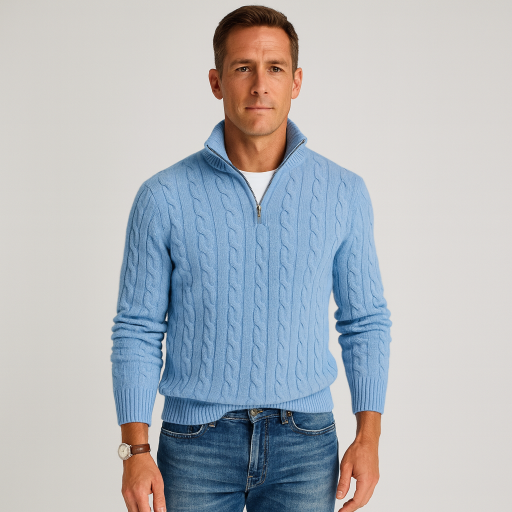 Men's Cable Knit Half-Zip Sweater in light blue, High Collar