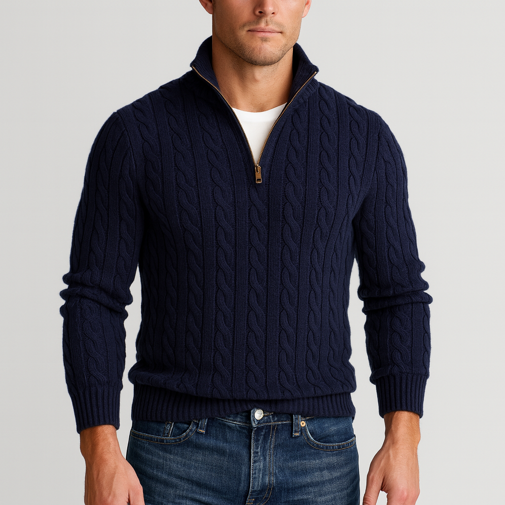 Men's Cable Knit Half-Zip Sweater in navy, High Collar