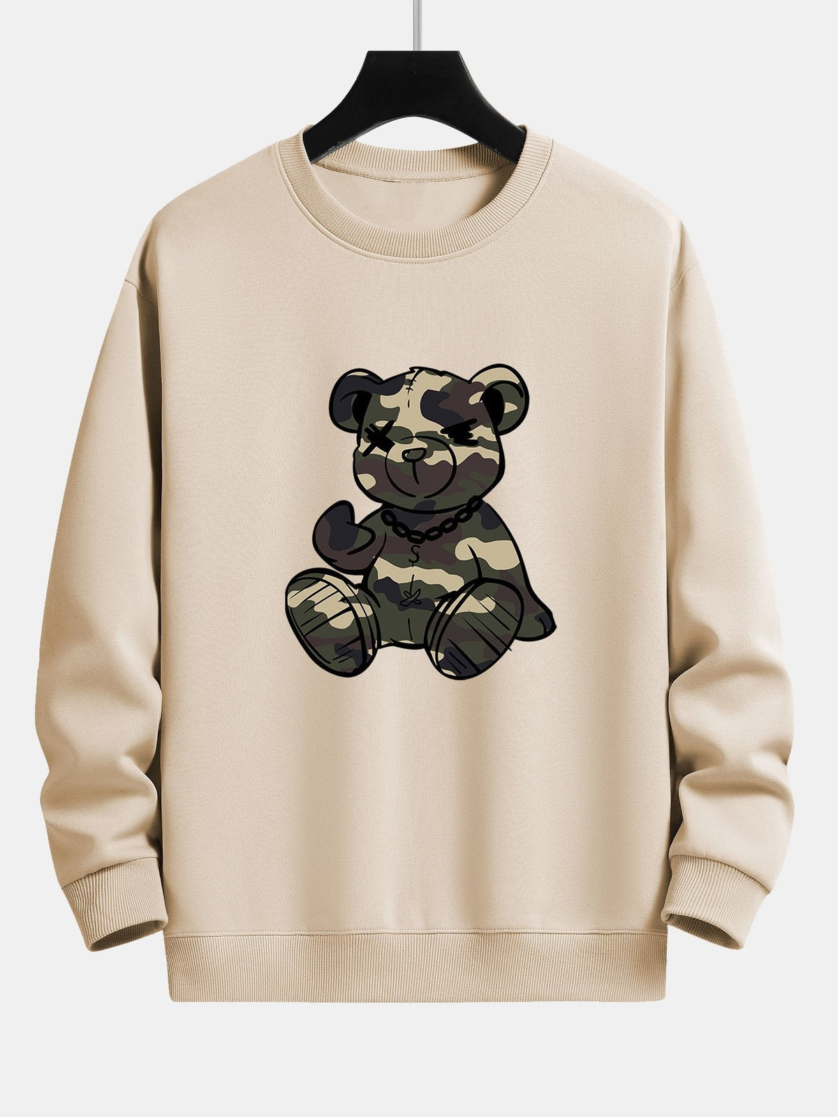 Men's Camouflage Teddy Bear Graphic Sweatshirt in beige, Relaxed Fit