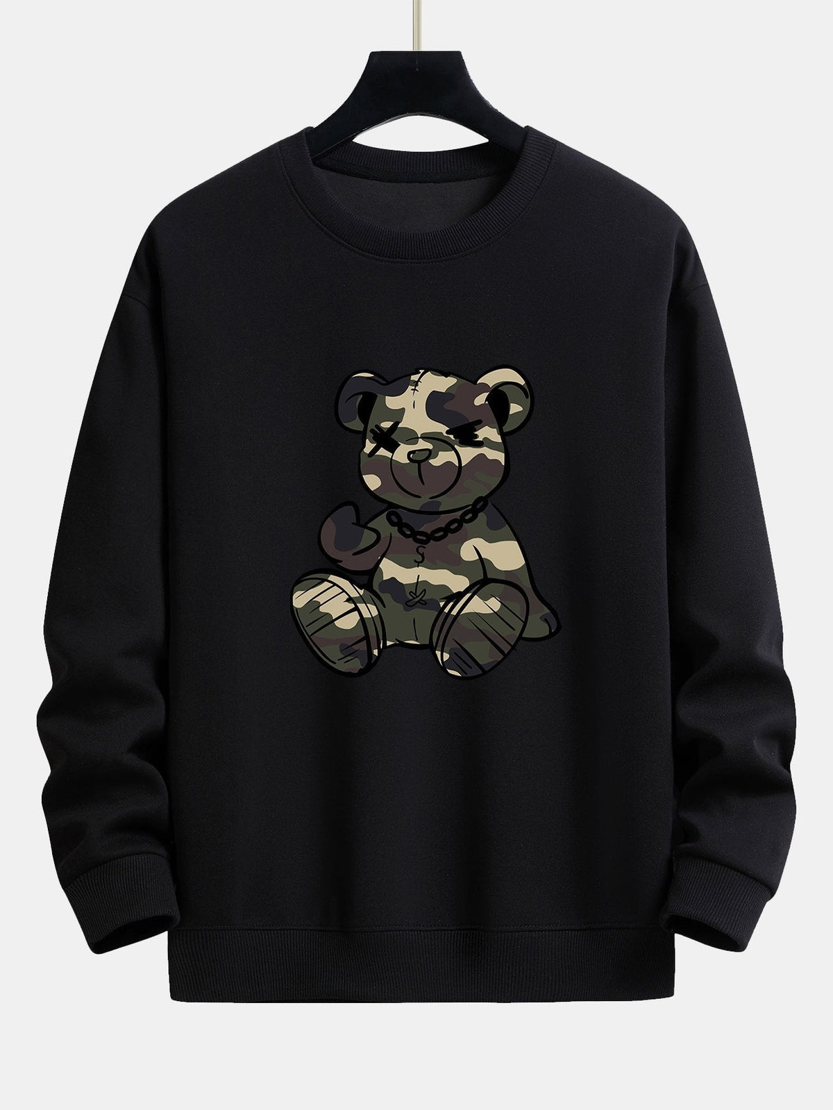 Men's Camouflage Teddy Bear Graphic Sweatshirt in black, Relaxed Fit